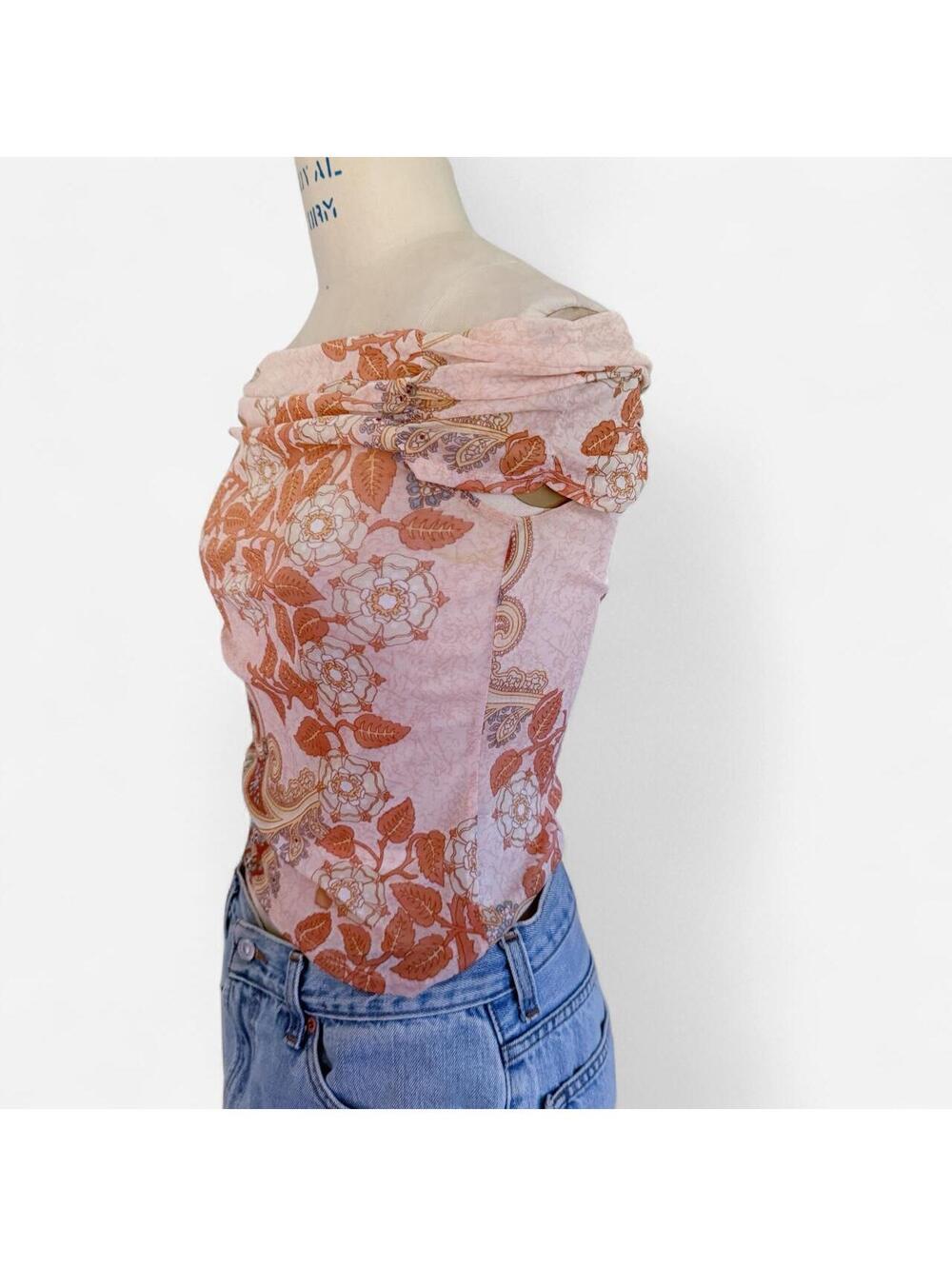 Vintage Y2K Pink Paisley Floral Mesh Off The Shoulder Top in Blush - Picture 5 of 6